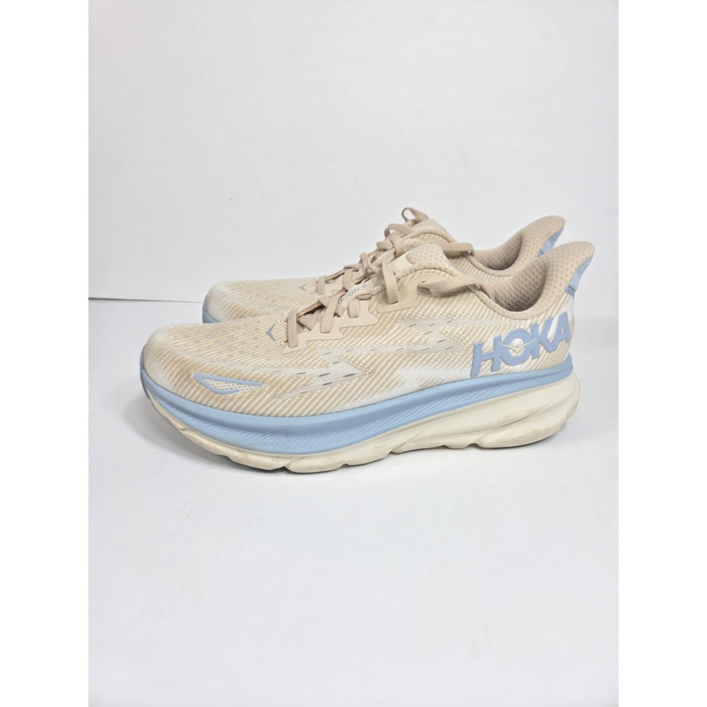 HOKA Clifton 9 MEN SZ 10.D Oak /Alabaster Running Shoes Sneakers Beige Blue